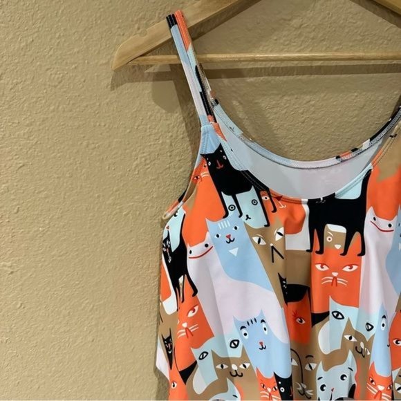 Cat Print Mod Romper Sleeveless Ruffle Padded Bra Pin Up Women’s Medium - Picture 11 of 14